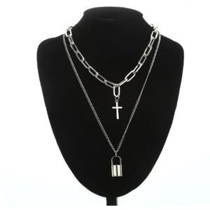 Double-Layered Silver Cross with Lock Necklace